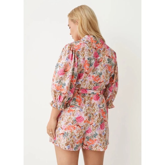 & Other Stories Pink Floral Linen Puff Sleeve Belted Romper Size 6 Casual Travel - Picture 3 of 11